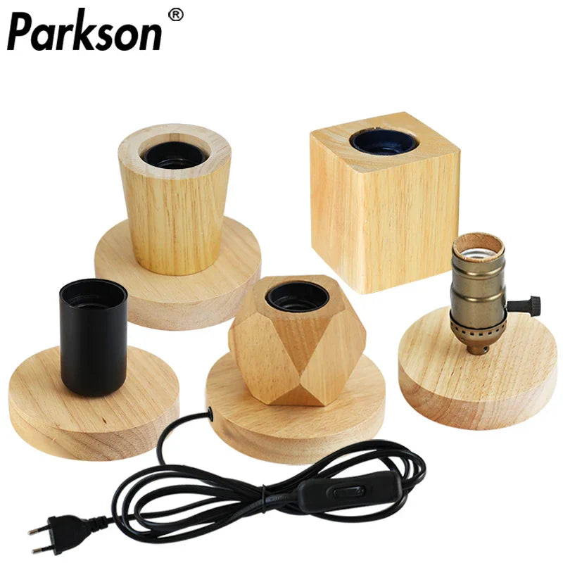 Retro Wood Table Lamp with E27 Socket, Vintage Design, and European Plug for Bedside Décor