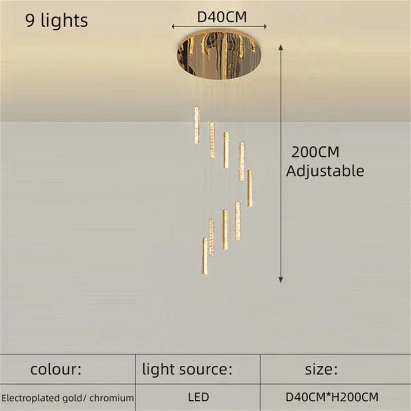 Luxury Crystal LED Chandelier for Modern Living Room and Spiral Staircase