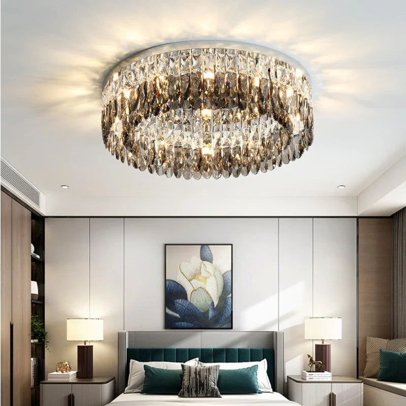 Smoke Grey Crystal Ceiling Lights: Modern LED Room Lamp for Living Room, Kitchen, Bedroom