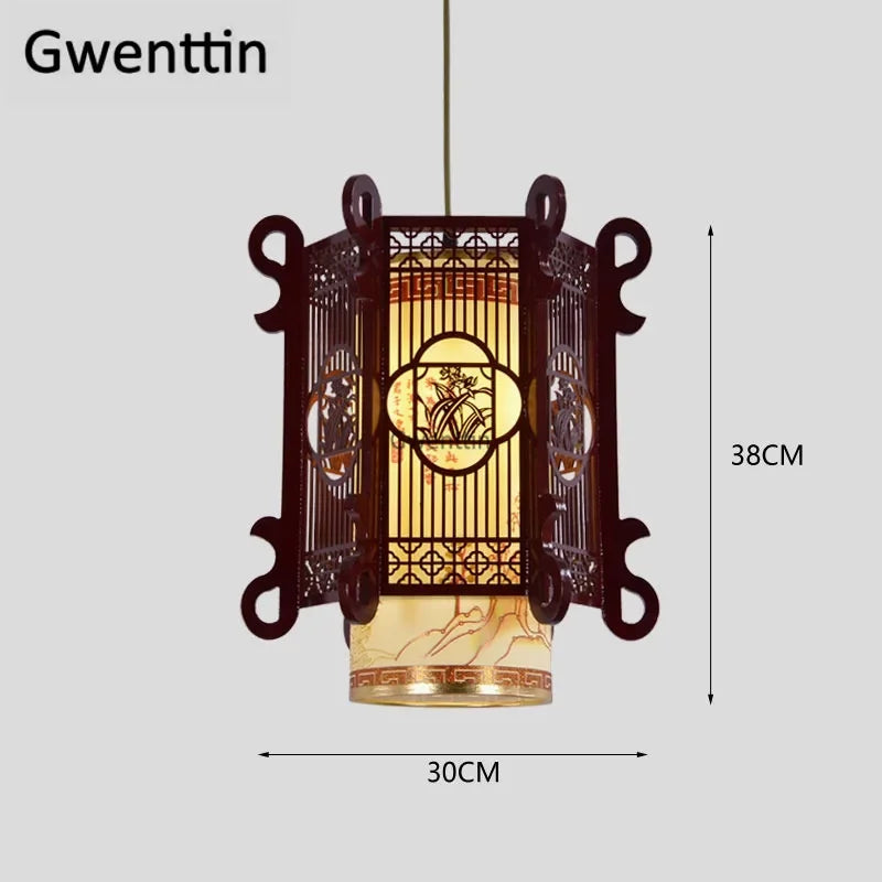 Sheepskin Lantern Pendant Light - Vintage Chinese Style Wooden Hanging Lamp