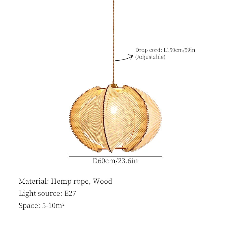 Wabi Sabi Hemp Rope Wood Chandelier Pendant Lights for Living Room Bedroom