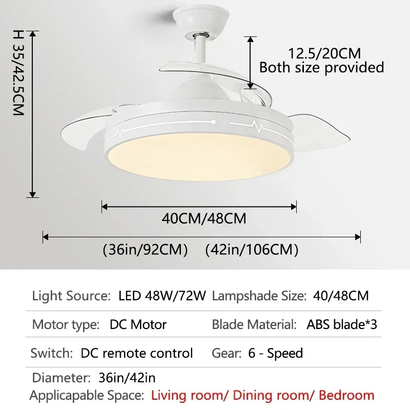 White Ceiling Fan Light with Hidden Fan, Remote Control for Bedroom and Restaurant