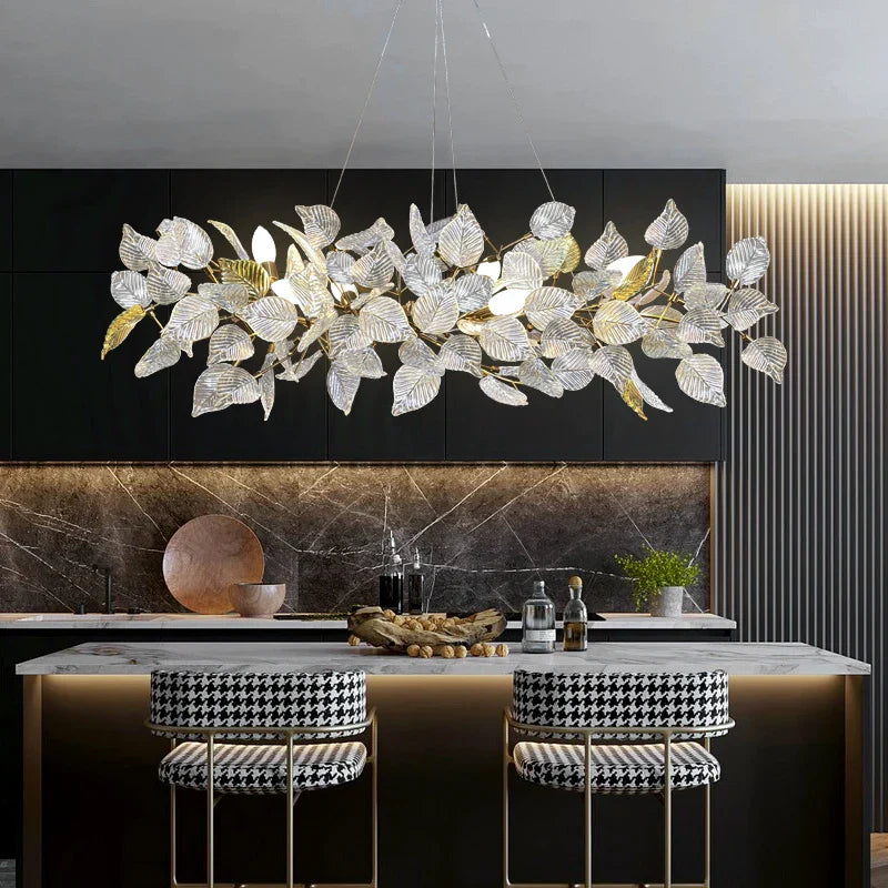Ginkgo Leaf Crystal Chandelier - Elegant LED Pendant Lamp for Dining & Living Room