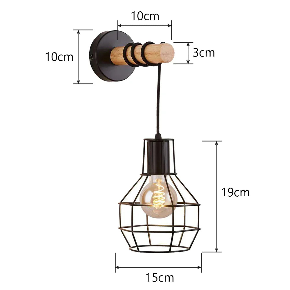 Loft American Iron Wood Wall Sconce Vintage Cage Guard Lampshade Fixture