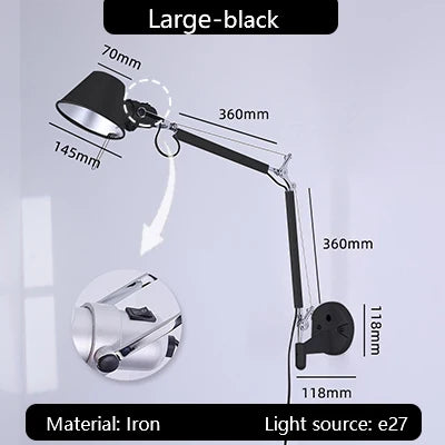 Industrial Black Silver Swing Arm Wall Lamp - Rotatable Miniature Table Lamp E27