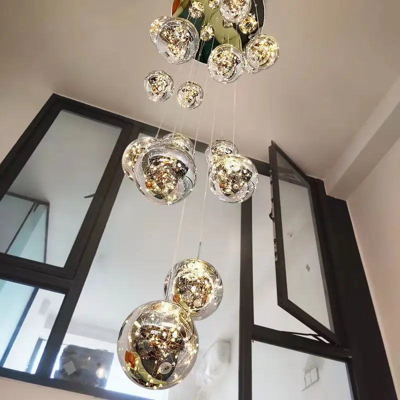 Glass Ball Spiral Chandelier for Modern Staircase & Dining Table LED Ceiling Light