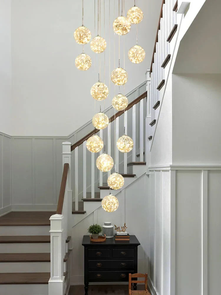 Gold LED Glass Chandelier: Minimalist Round Ball Staircase Lighting Fixtures