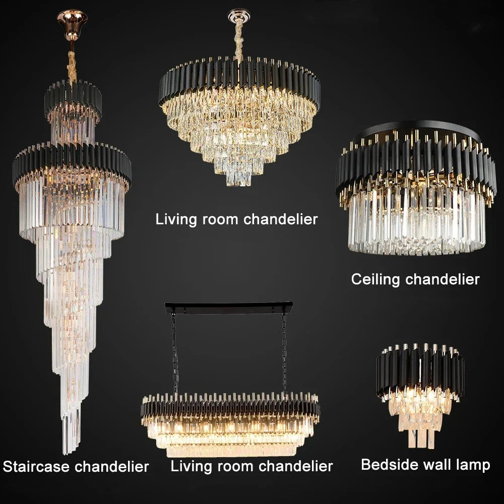 Gold Black Crystal Ceiling Chandelier – Modern LED Round Kitchen Pendant Lamps