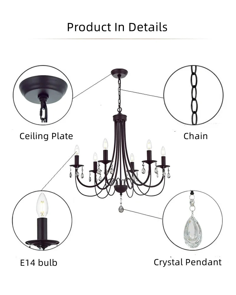 Black Iron Chandelier with Crystal Pendant for Home Lighting
