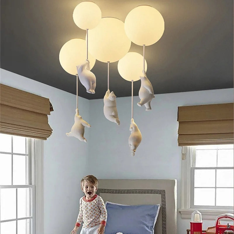 Nordic White Bear Kid Ceiling Lamp: Children's Room Decoration LED Pendant Light.