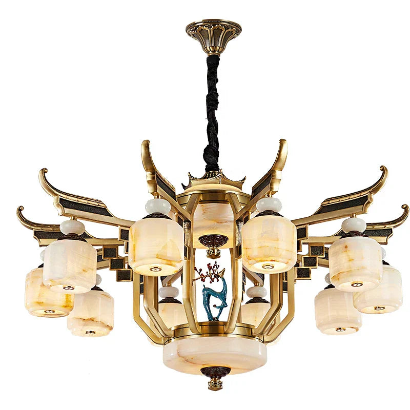 All Copper Jade Chandelier for Villa Living Room, Dining Room - Chinese Style Duplex Copper Lamp