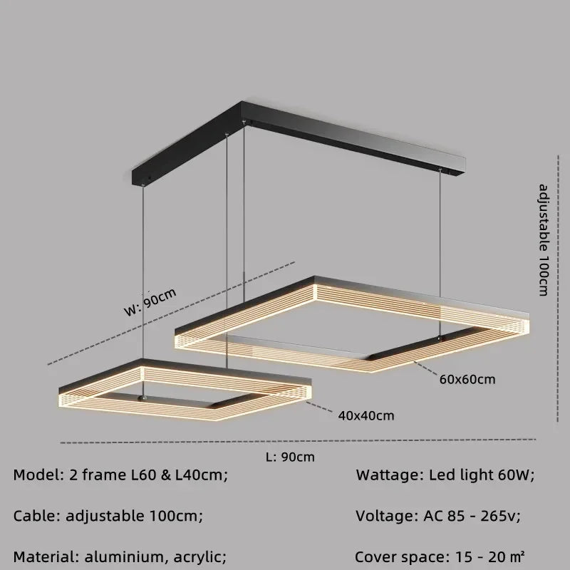 Nordic Black Square LED Chandelier: Dimmable Modern Lighting for Living Room, Bedroom