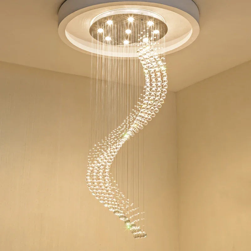 Spiral Ladder Crystal Chandelier with LED for Foyer, Dining, Restaurant, and Stair Lighting