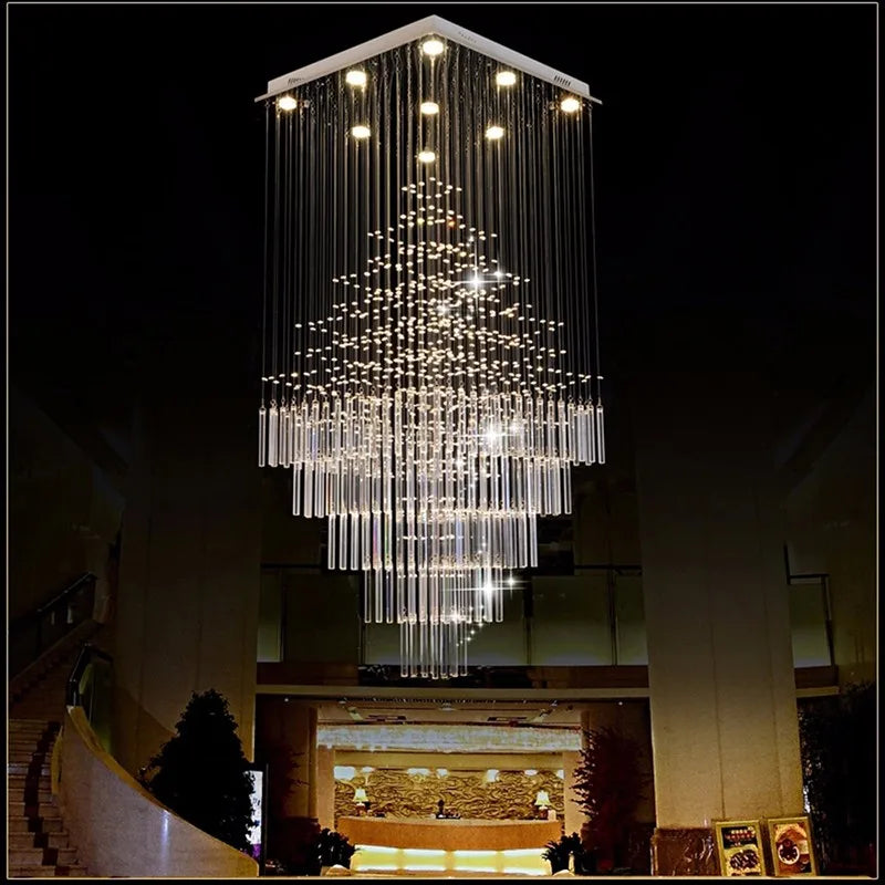 Columnar Crystal Chandelier with Square Base for Living Room, Stair Loft - Modern Hanging Lamp