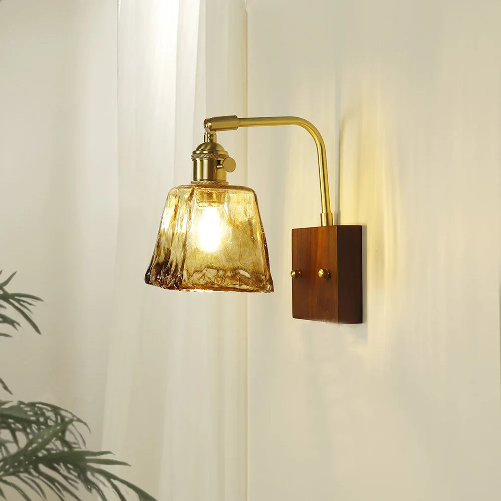 Wooden Brass Glass Wall Lamp Modern Bedroom Bedside Light