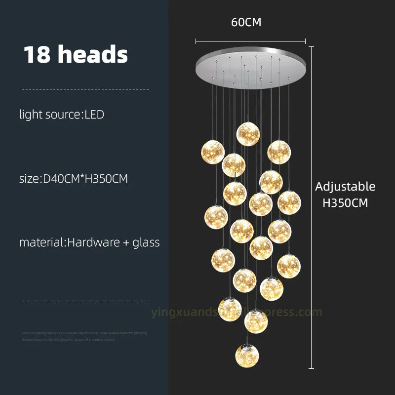 Glass Ball Spiral Chandelier for Modern Staircase & Dining Table LED Ceiling Light