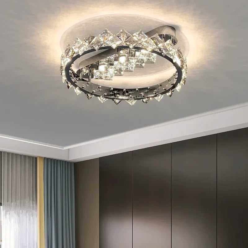 LED Crystal Ceiling Light: Stylish Dimmable Chrome Fixture for Living, Dining, Bedroom