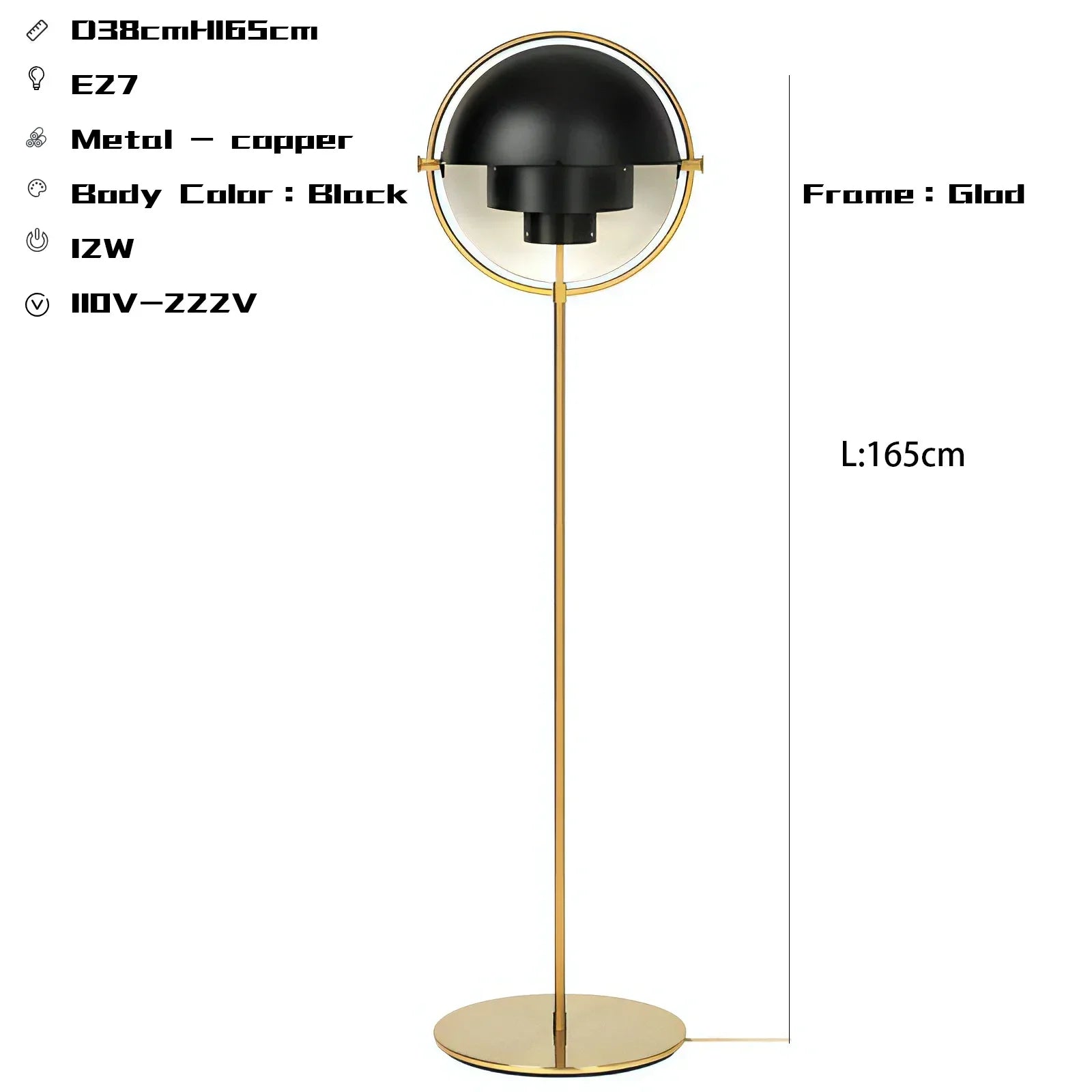 Black Gold Metal Floor Lamp for Modern Living Room and Bedroom Décor