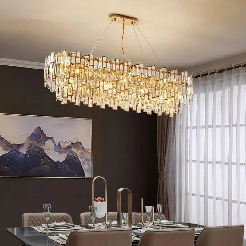 Gold Steel Crystal Pendant Chandelier - Luxury LED Dining Room Hanging Lamp