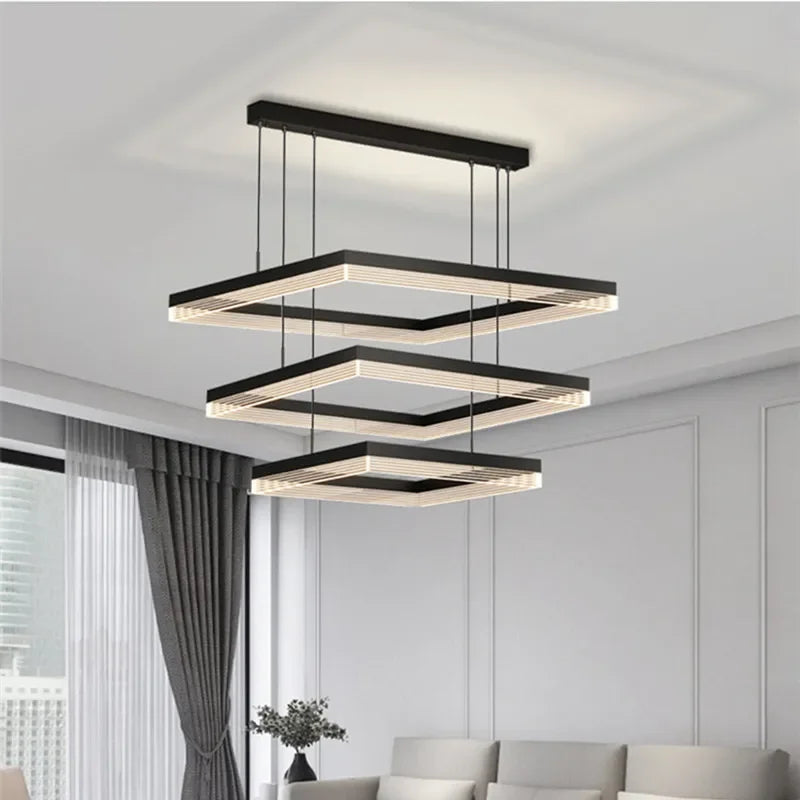 Minimalist Black Square Frame LED Chandelier for Living Room