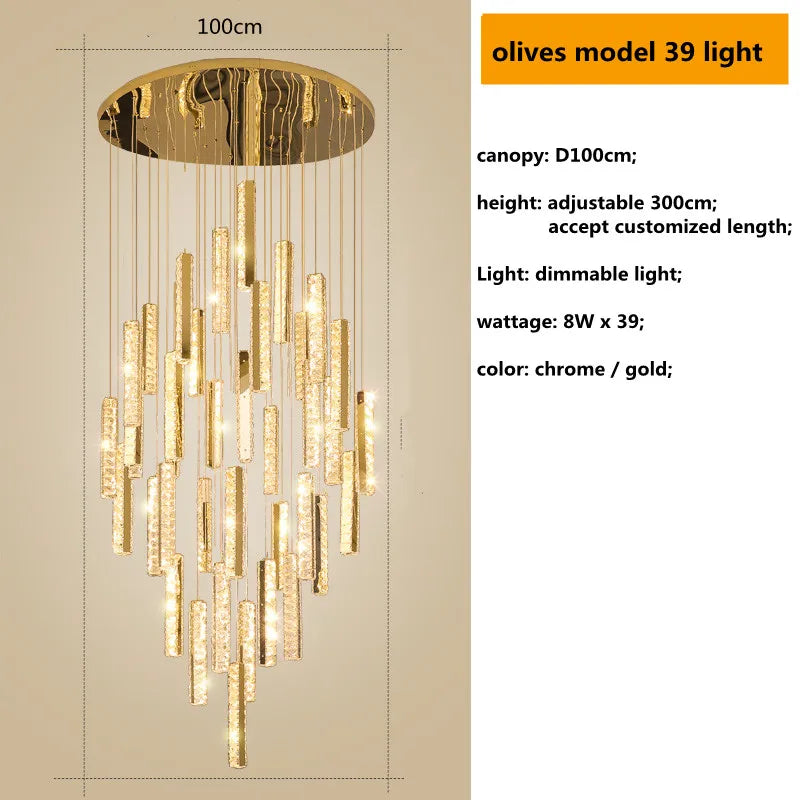 Gold Chrome Steel Crystal Pendant Lights with Dimmable LED for Villa Stair