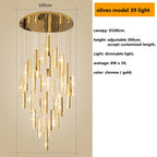 Gold Chrome Steel Crystal Pendant Lights with Dimmable LED for Villa Stair