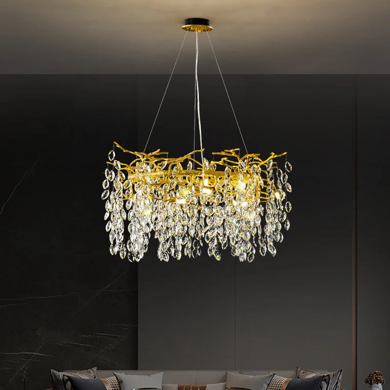 Golden Crystal Tree Chandelier, Luxury Matte Aluminum Art Ceiling Light for Living Room