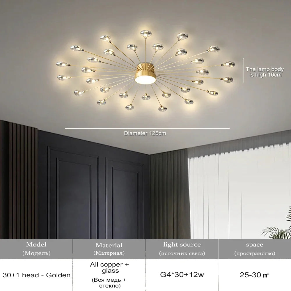 Copper Fireworks LED Ceiling Chandelier for Modern Bedroom and Living Room Decor