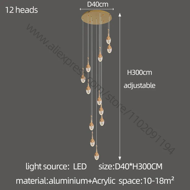 Gold LED Staircase Chandelier: Elegant Luxury Large Pendant Lamp for Living Room