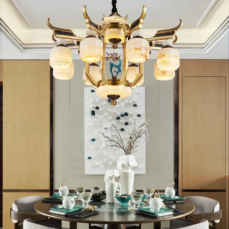 All Copper Jade Chandelier for Villa Living Room, Dining Room - Chinese Style Duplex Copper Lamp
