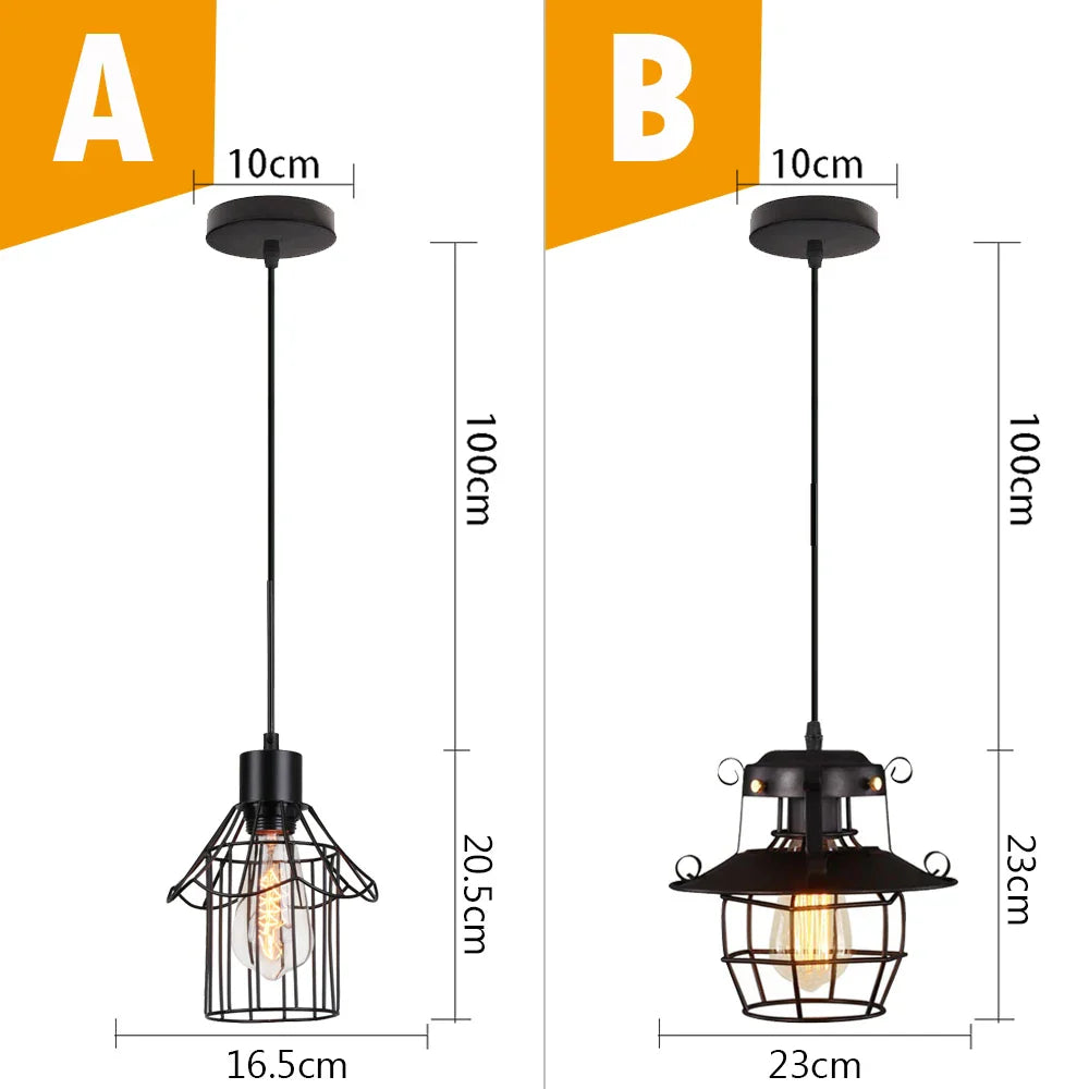 Black Metal Cage Pendant Light - Vintage Industrial Loft Kitchen Lighting