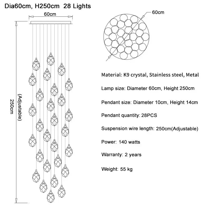 Diamond Crystal Ball Chandelier, Luxury LED Light Fixture for Staircase and Living Room