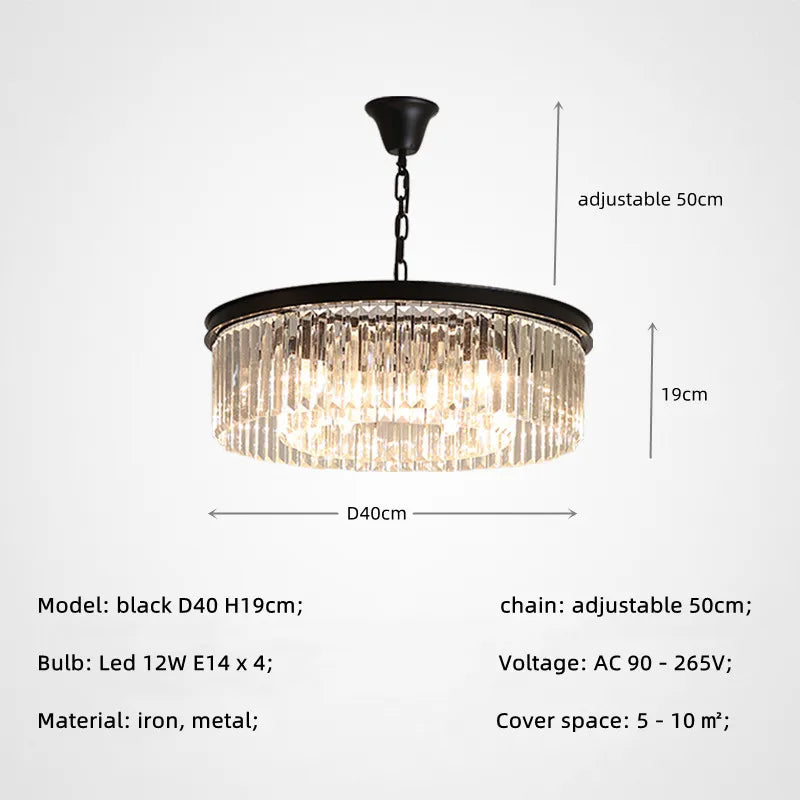 Retro Gold Black Metal Crystal Pendant Lights with LED, Chain Hanging Suspension Loft Lamp