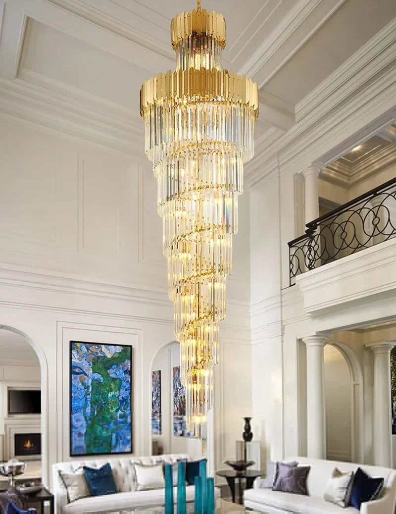Golden Luxury Hotel Lobby Crystal Chandelier for Multi-Story Staircase Lighting