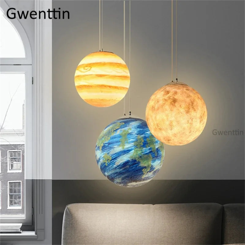 Moon Resin Ball Planet Pendant Light | Children Room Hanging Lamp