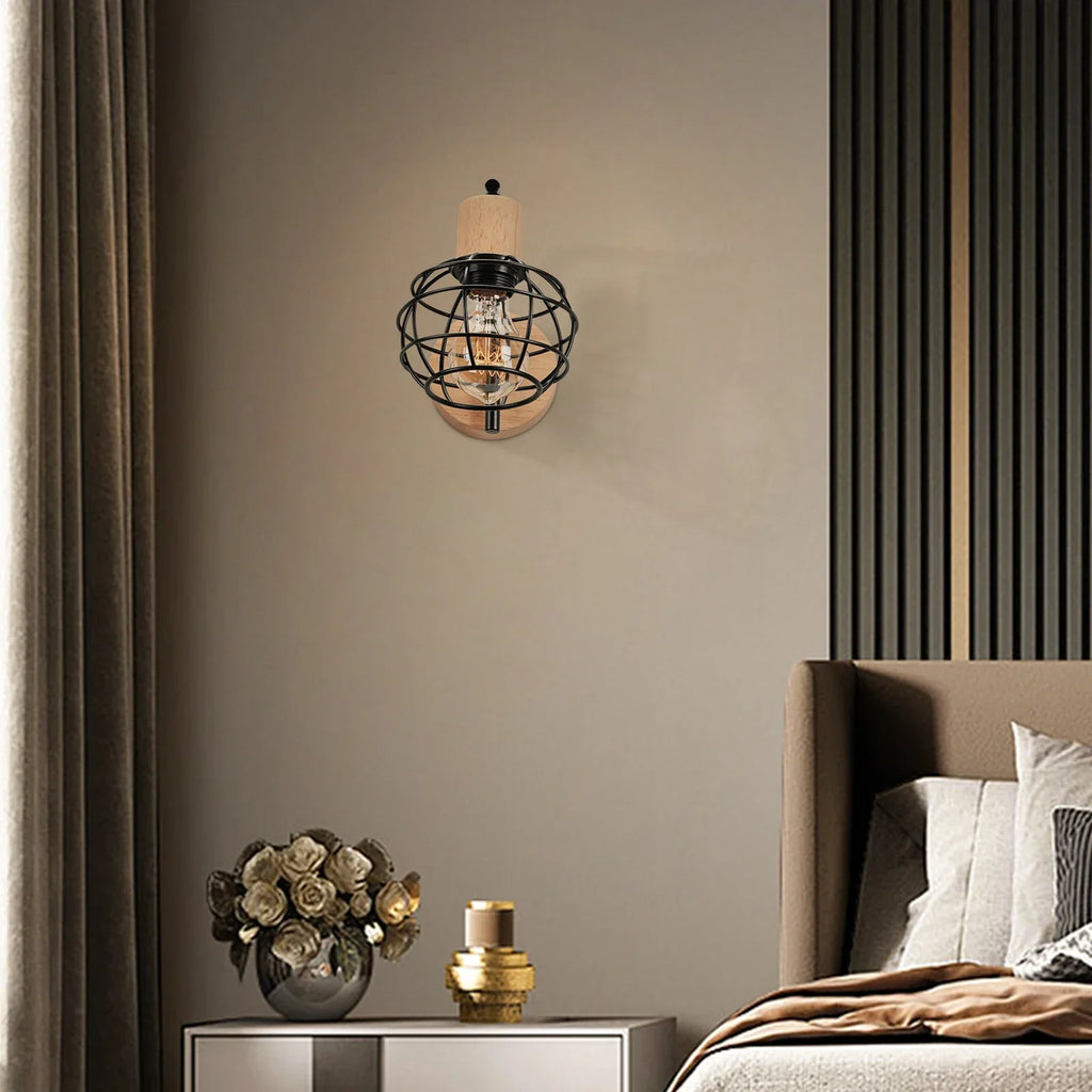 Iron Wood Wall Lamp Shade: Nordic Indoor Sconce for Bedroom, Living Room, Restaurant