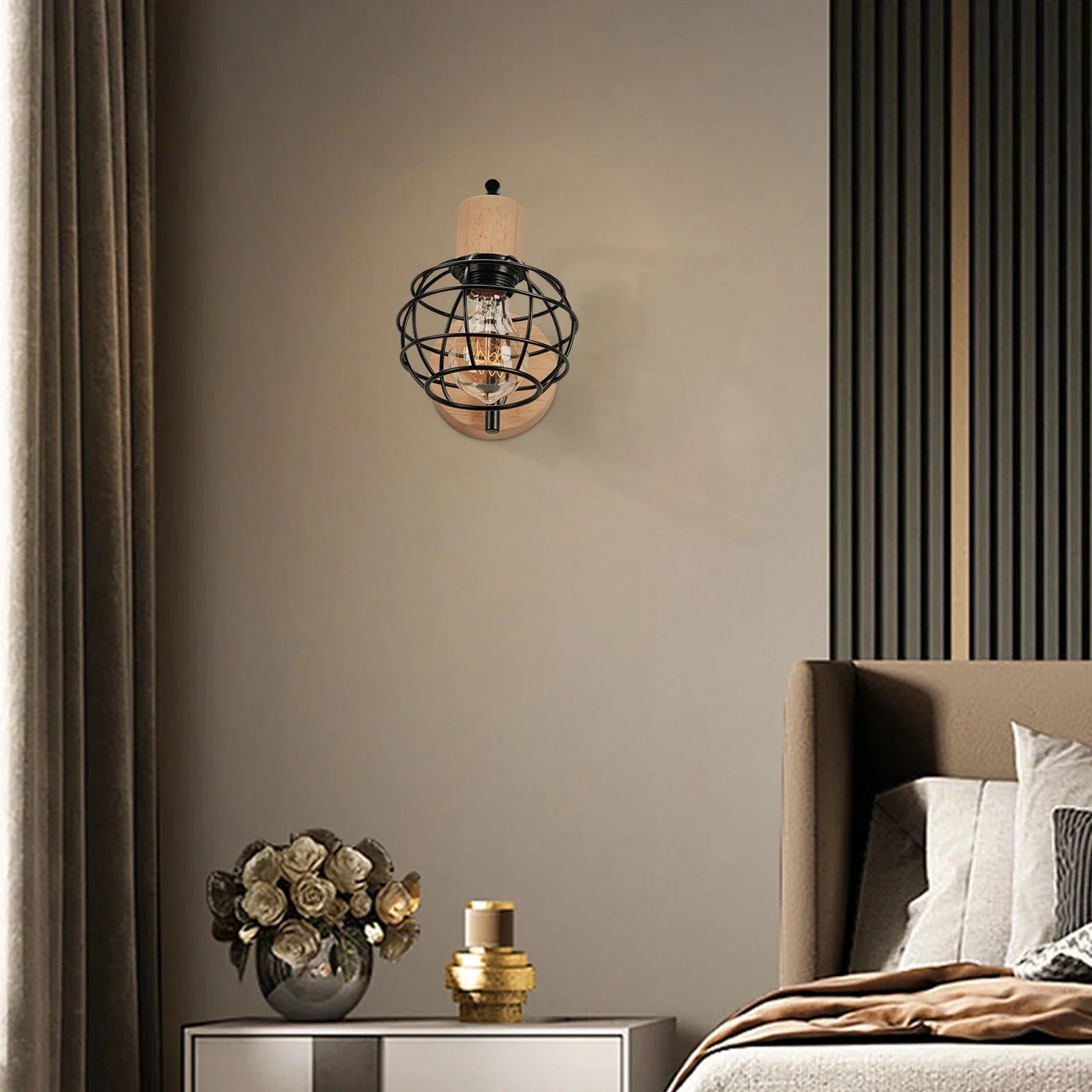 Iron Wood Wall Lamp Shade: Nordic Indoor Sconce for Bedroom, Living Room, Restaurant