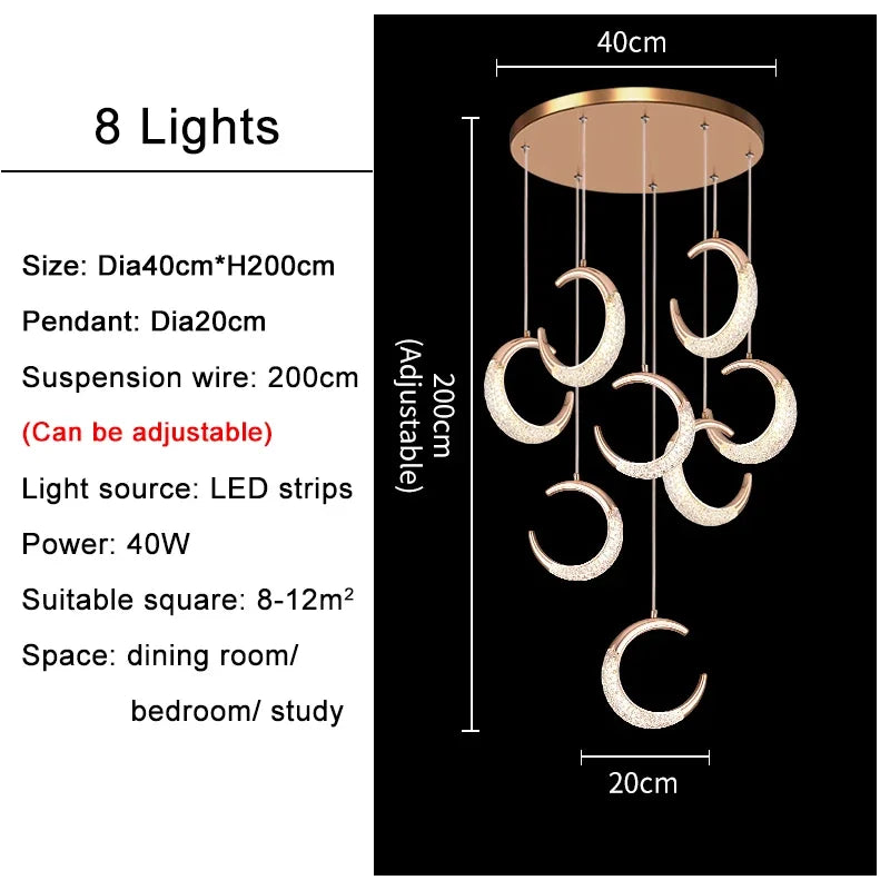 Moon Design Acrylic LED Chandelier: Modern Staircase Pendant Light for Living and Dining Room