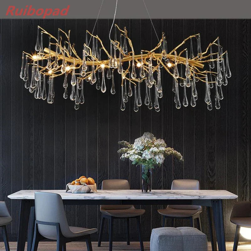 Elegant Gold Metal Branch Chandelier with Glass Water Drop Crystals