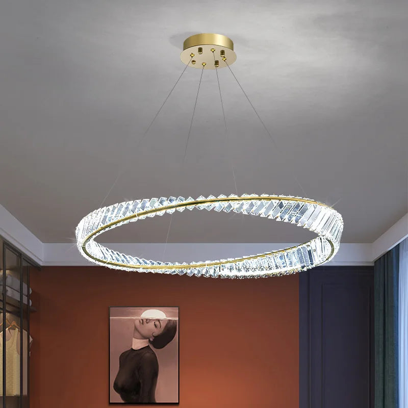 Gold Plated Steel Ring Pendant Lamp with Dimmable LED Lights and K9 Crystals