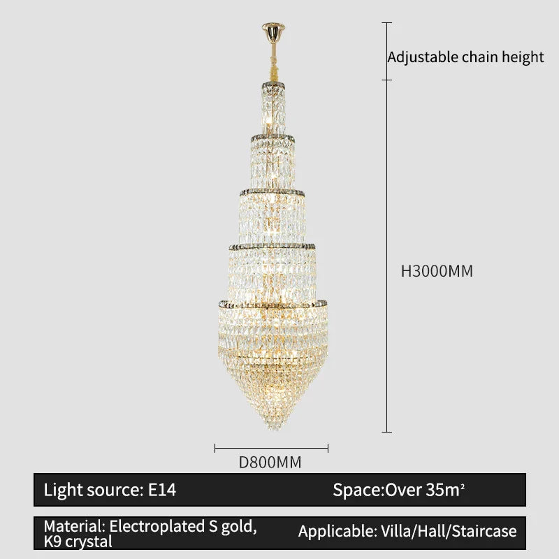 Crystal Hollow Long Chandelier: Elegant Duplex Villa Hall Lighting