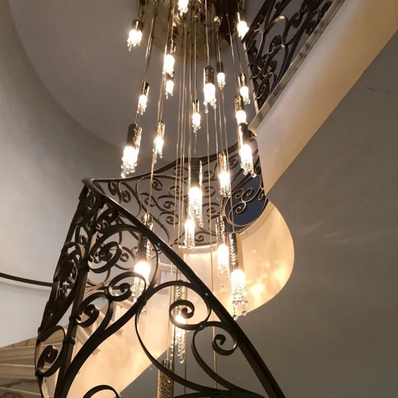 Crystal LED Staircase Chandelier: Modern Luxury Ceiling Lighting for Living Room Hall Loft