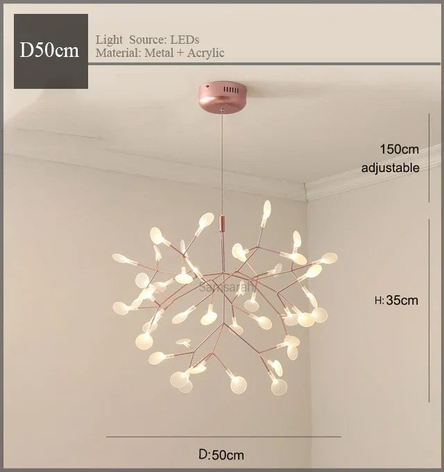 Modern Nordic Hanging Firefly Chandelier - Rose Gold and Black Branch Design