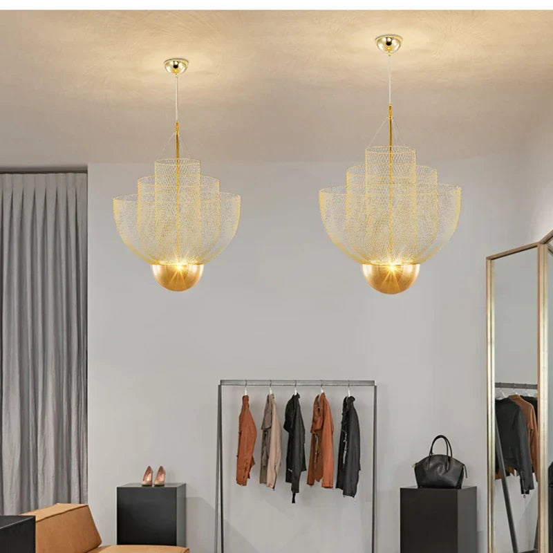 Meshmatics Chandelier: Modern Cage Design LED Dimmable Lighting Fixtures for Dining Room