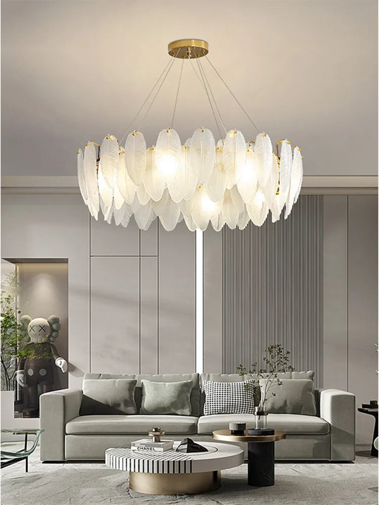 Glass Feather Chandelier: Luxury Art Decor for Living Dining Room