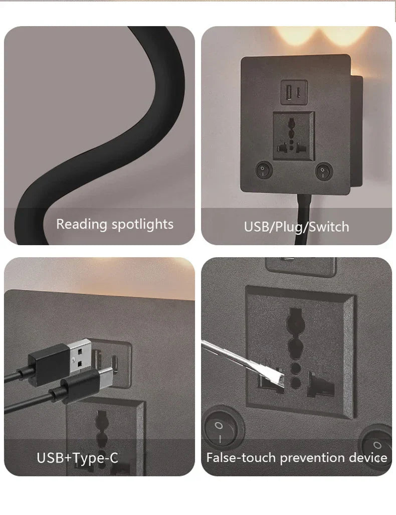 Rotatable LED Wall Sconce Lamp with USB Port & Socket for Bedrooms, Restaurants - White/Black