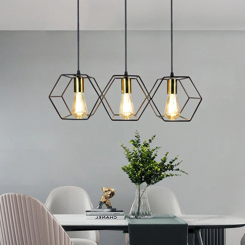 Geometric LED Chandelier: Modern Metal Frame Light for Dining Room or Bedroom
