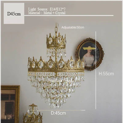 Crown Crystal Chandelier - Golden Vintage LED Pendant for Elegant Indoor Lighting