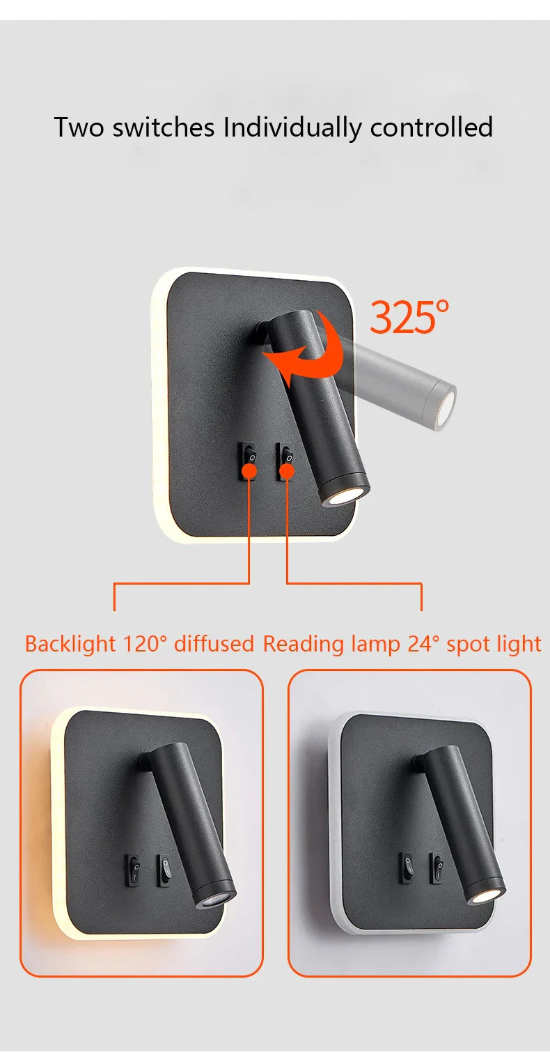 LED Wall Lamp USB Charging Bedroom Hotel Bedside Reading Sconce Switch