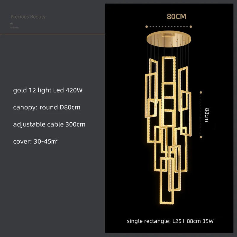 Modern Crystal LED Pendant Lights Steel Rectangle Hanging Lamp